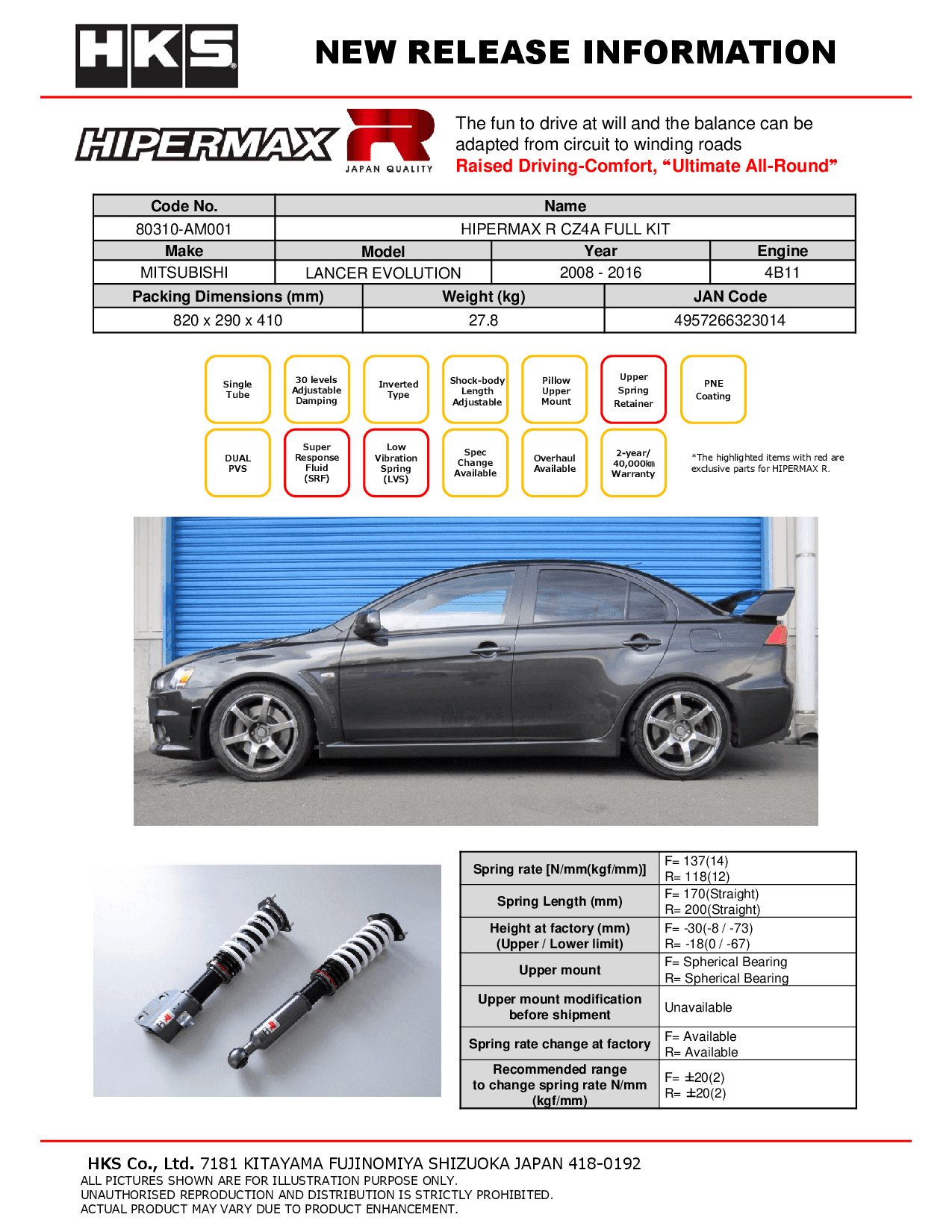 HKS Hipermax R Coilovers for 2002-2007 Mitsubishi Lancer Evo 7/8/9 (CT9A)