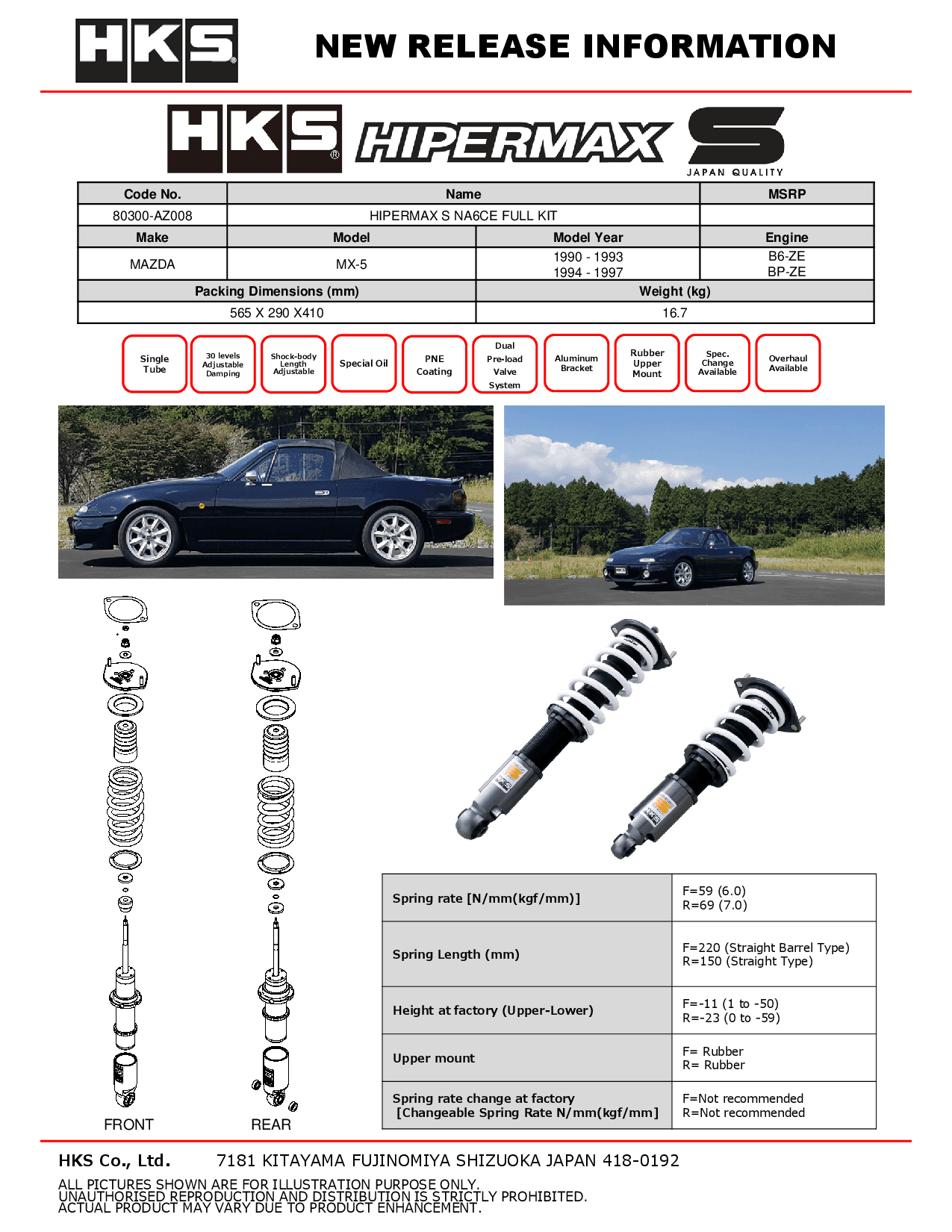 HKS Hipermax S Coilovers for 1990-1997 Mazda MX-5 Miata (NA)